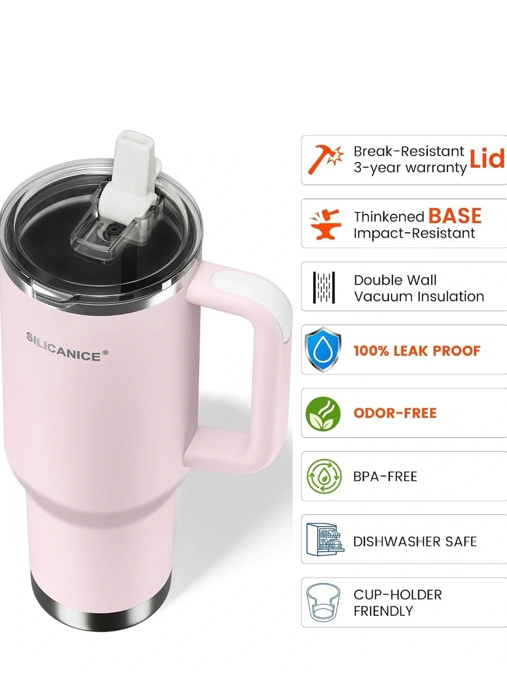 NEW Silicadice Pink Insulated Travel Mug with Handle & Straw